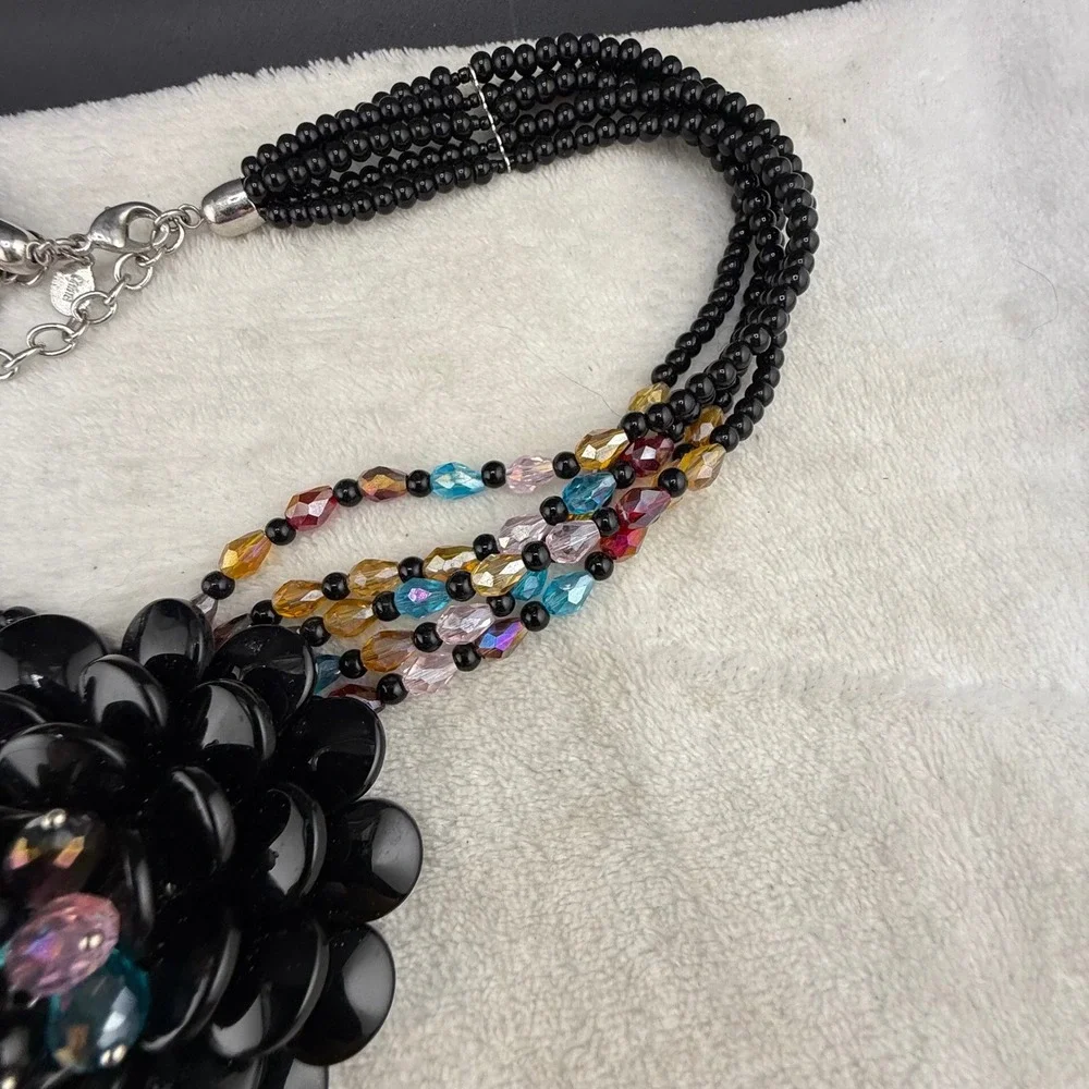 Joan Rivers Necklace Black Glass Floral Tassel Multi Strand 20